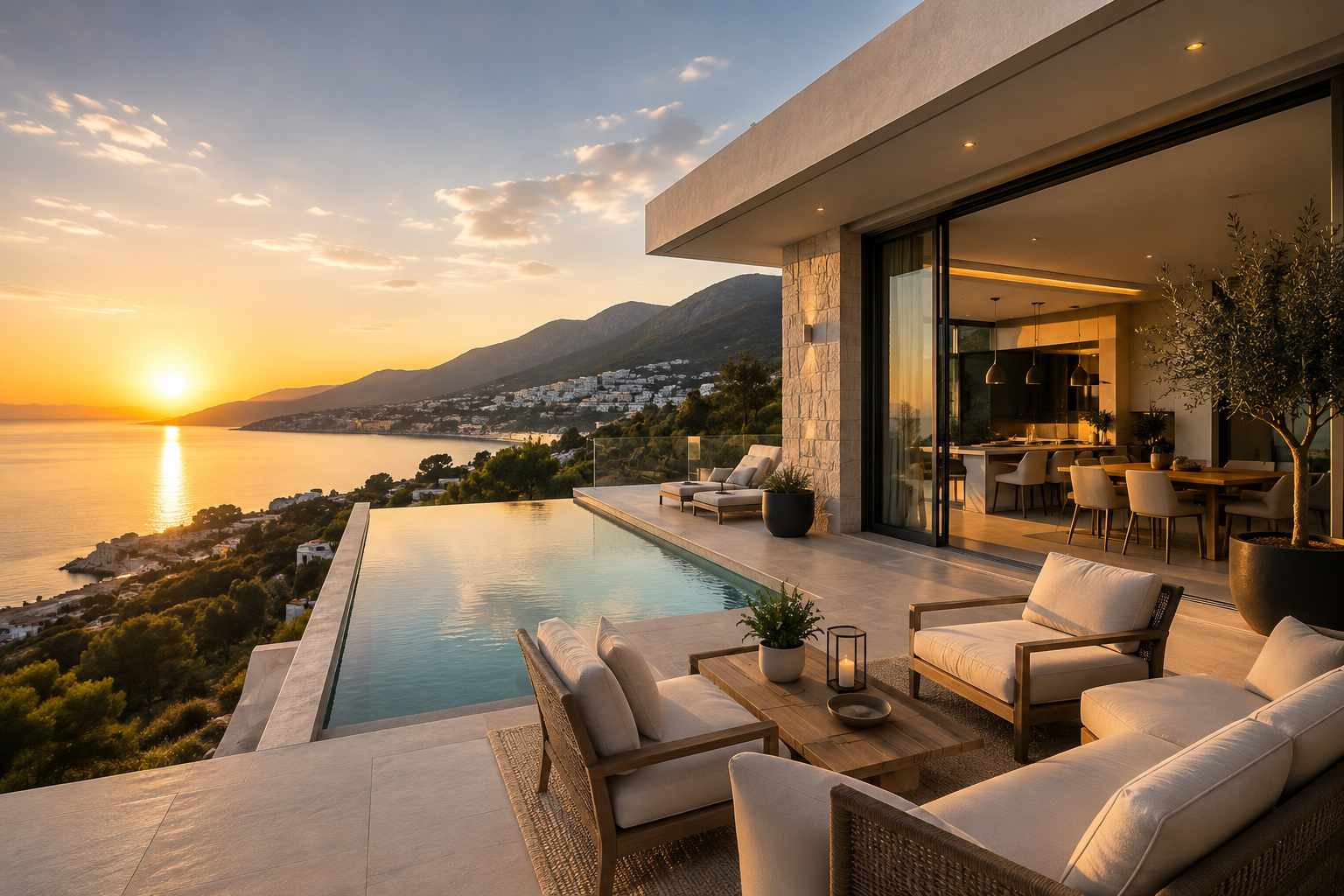 Terrasse moderne avec vue sur la mer au coucher du soleil, mobilier extérieur en bois et canapé en tissu beige, piscine à débordement, intérieur lumineux visible à travers une grande baie vitrée.