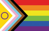 A rainbow flag with six horizontal stripes and a yellow triangle with a circle inside.