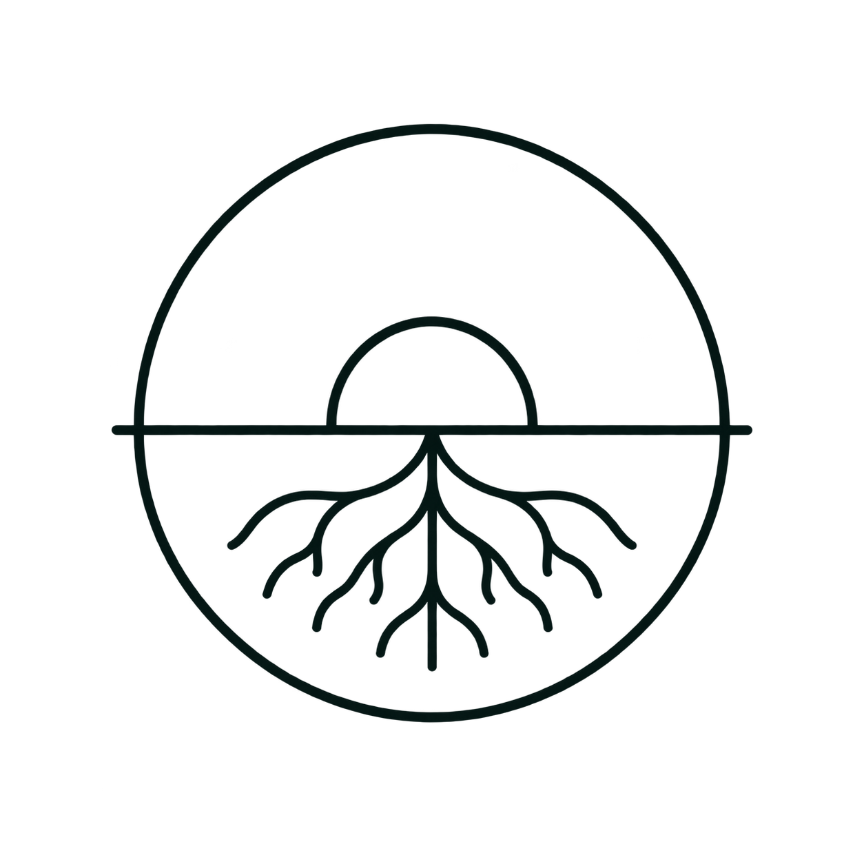 A circular diagram illustrating the Earth's layers: the surface, the mantle, and the core, with roots extending below the surface.