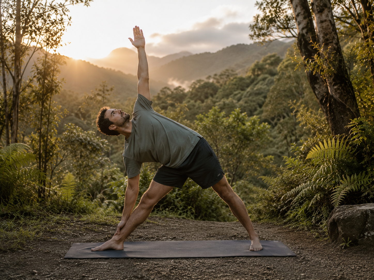 A man practicing yoga outdoors on a black mat in a forest with mountains in the background at sunset, wearing a gray t-shirt and black shorts, in a triangle pose with one arm reaching up and the other hand touching the ground.