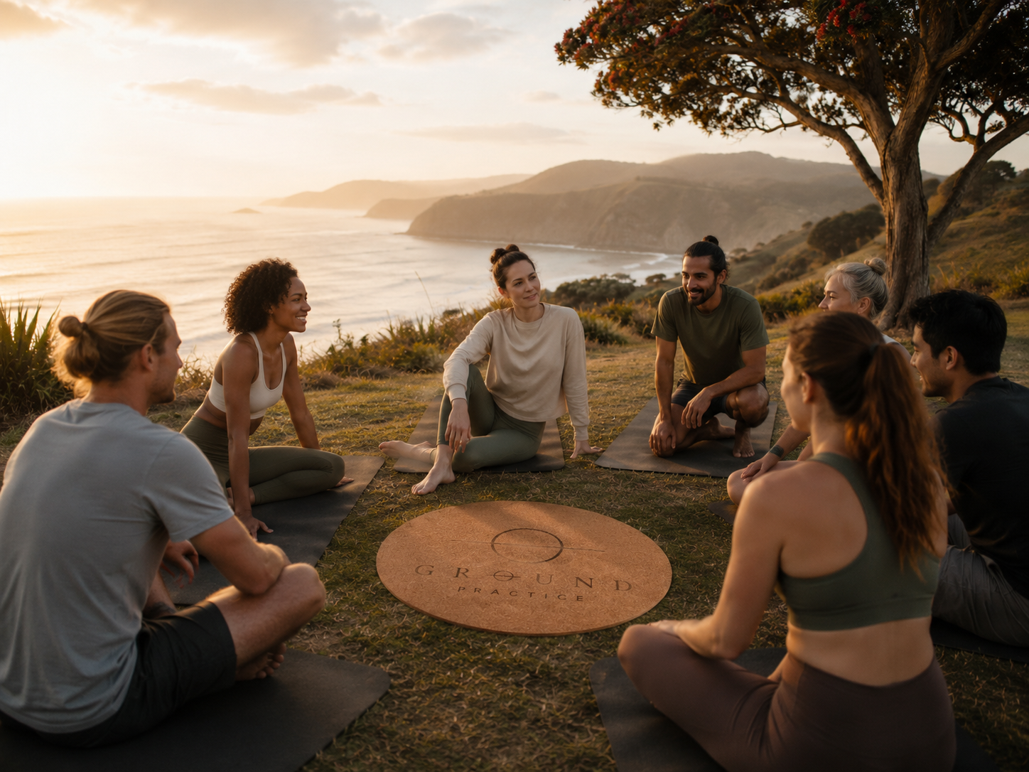 Group of people doing yoga or meditation outdoors on a hilltop during sunset, with a view of the ocean and mountains in the background, sitting on yoga mats around a circular ground practice sign.