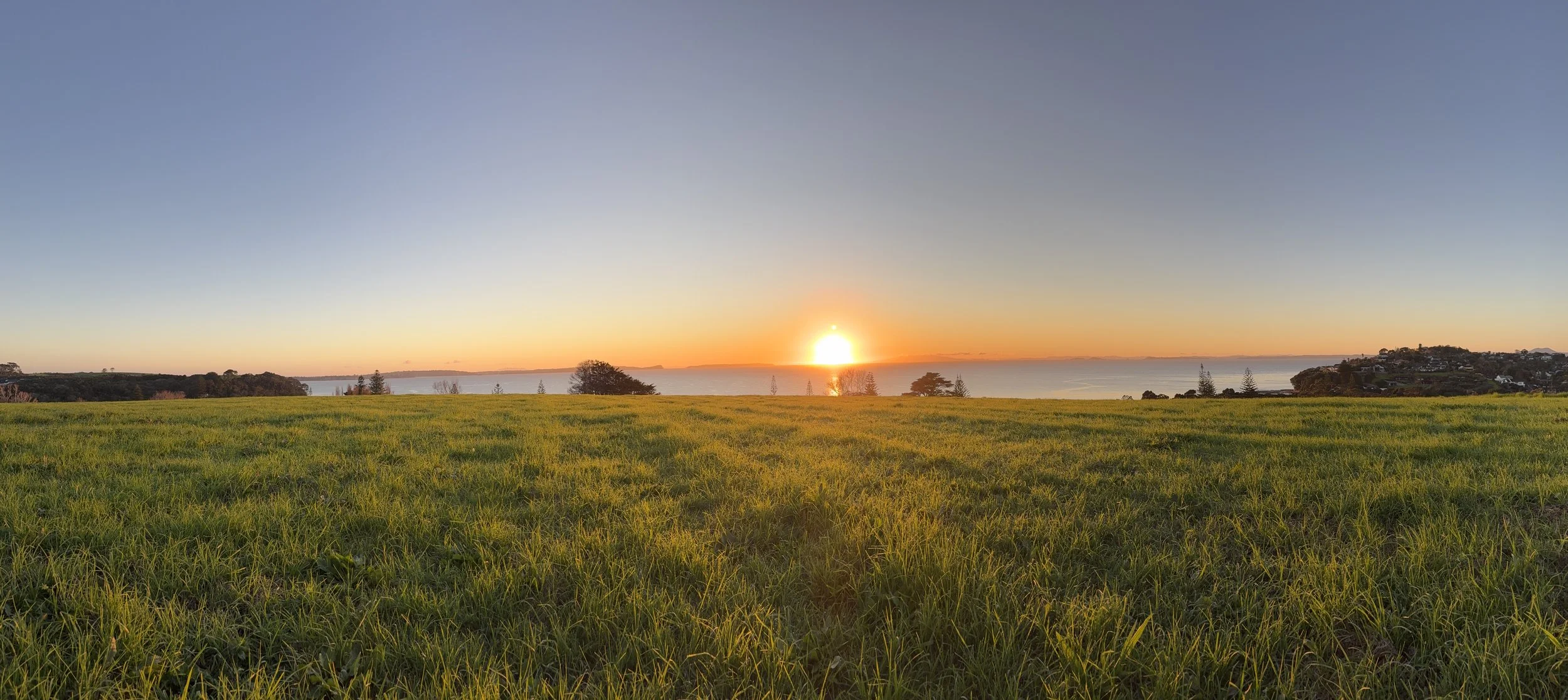 Long Bay sunrise over a grassy field with trees, water, and distant hills.