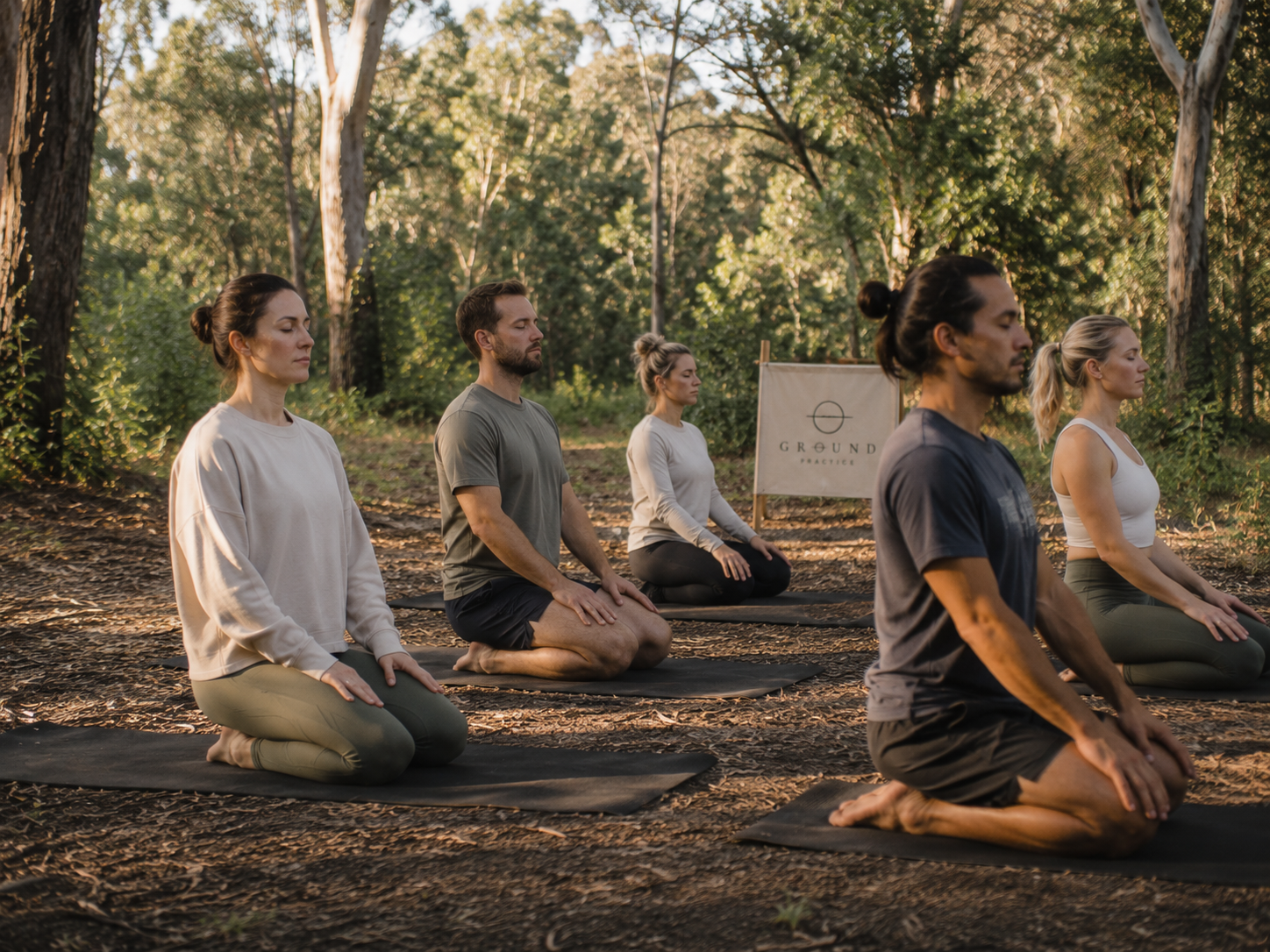 People practicing yoga outdoors in a forest, sitting in a kneeling meditation pose on yoga mats, with a sign reading 'Ground Practice' in the background.