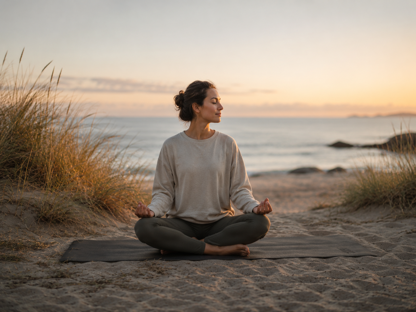 A woman practicing meditation on a yoga mat on a sandy beach during sunset.