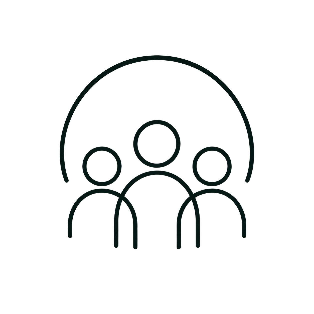 Outline icon of three people with a speech bubble above them.