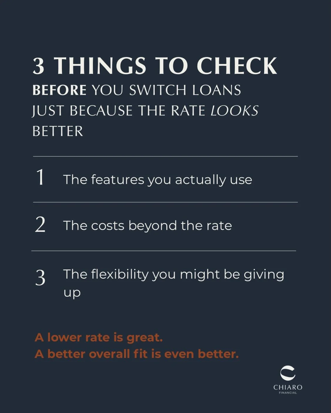 Found a better interest rate? Of course you&rsquo;re going to pay attention to it. We would, too.

But before you jump ship, it&rsquo;s worth checking what else comes with your current loan &mdash; and what you&rsquo;d be giving up.

1. The features 