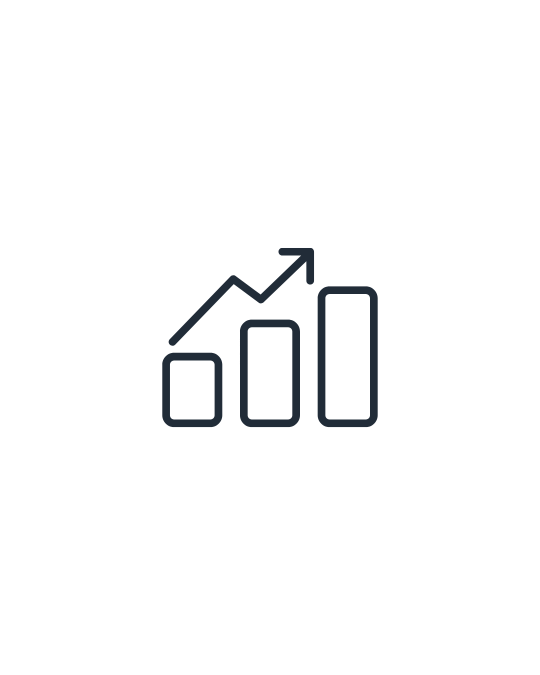 Line graph with three bars of increasing height and an upward trending arrow, representing growth or progress.