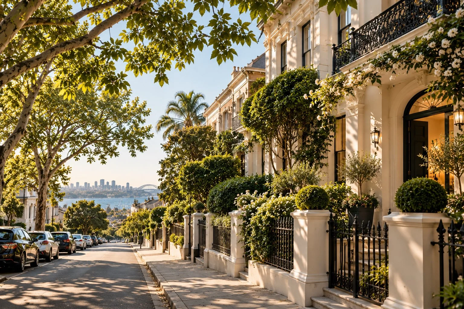 Residential street with white townhouses, manicured trees and plants in flower pots, black wrought iron fences, parked cars, and a view of water and city skyline with bridge in the distance.