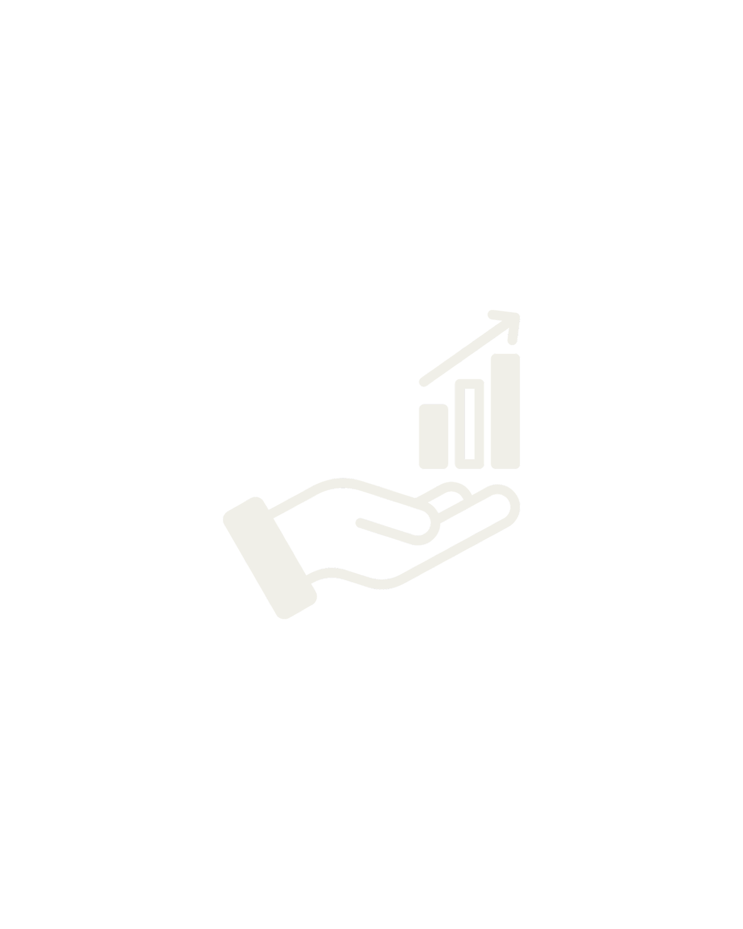 A black background with a white outline illustration of a hand holding a rising bar graph with an upward-pointing arrow.