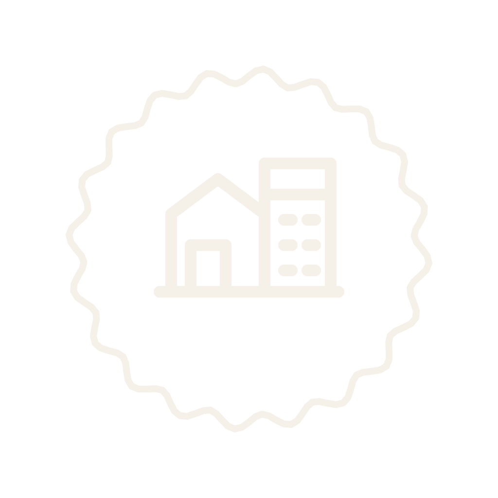 Icon of a house and a multi-story building enclosed in a scalloped border.