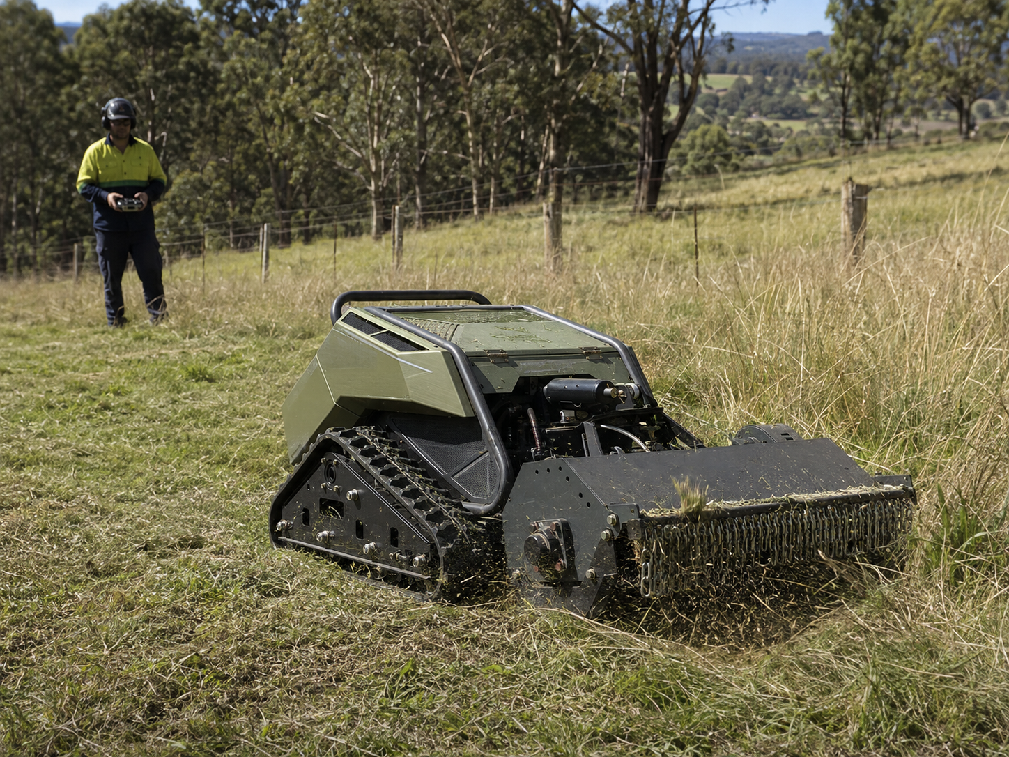 A remote-controlled robot moving through a grassy field with a person controlling it nearby, in a rural landscape with trees and hills.