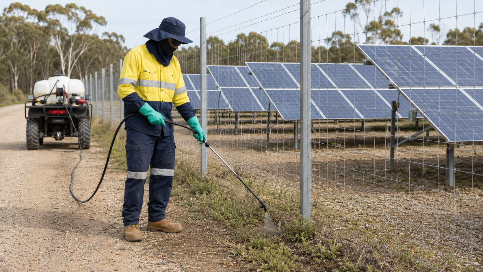 A worker spraying weeds inside a solar panel farm, wearing a yellow safety jacket, a blue hat, green gloves, and a face covering, with a sprayer connected to a tank on a quad bike.
