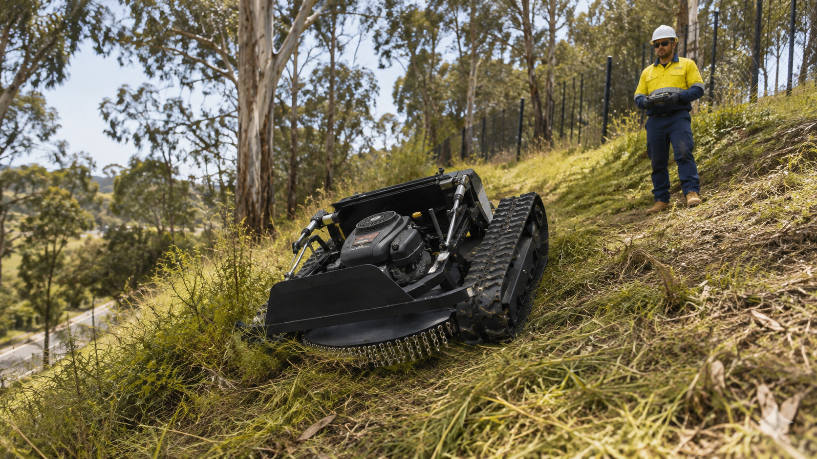 A worker in a yellow safety shirt, helmet, and sunglasses operating a remote control, overseeing a robotic mower with tracks, cutting grass on a hillside surrounded by trees.