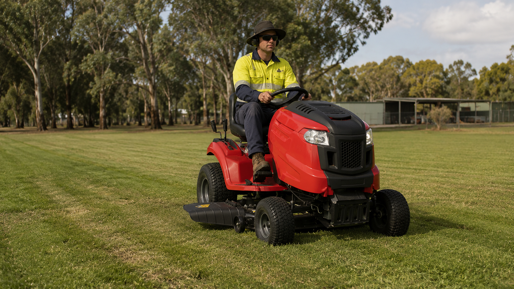 Man operating a red riding lawn mower on a grassy field with trees in the background.