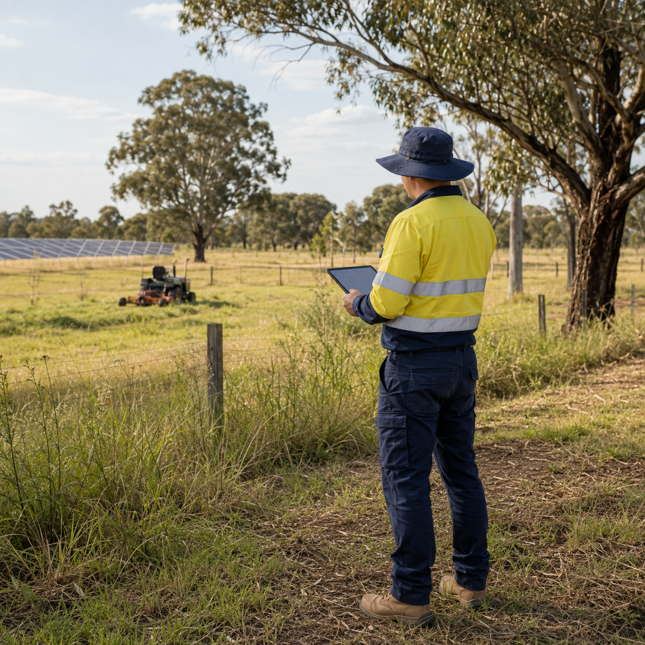 A man in a high-visibility yellow jacket with reflective stripes, wearing a wide-brimmed hat, stands outdoors holding a tablet and looking at a solar farm with solar panels and a mower in the field.