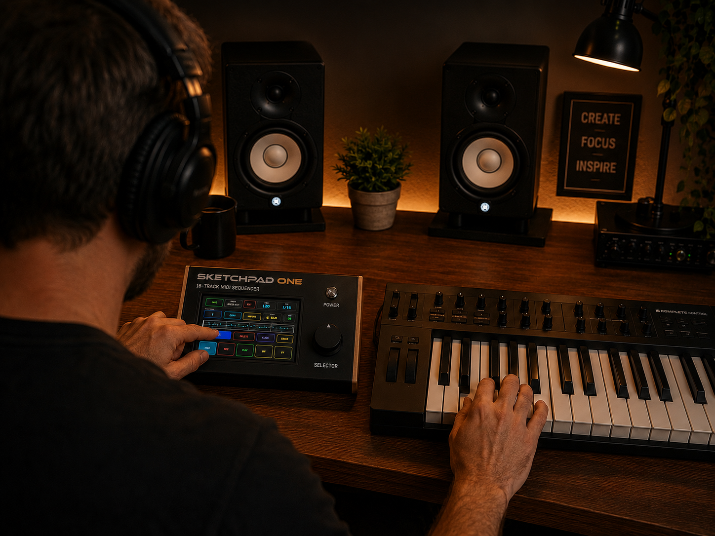 A person with headphones sitting at a wooden desk with a music production setup, including a MIDI keyboard, drum machine, two studio monitors, a plant, a framed poster with the words 'Create Focus Inspire', a lamp, and audio equipment at background.
