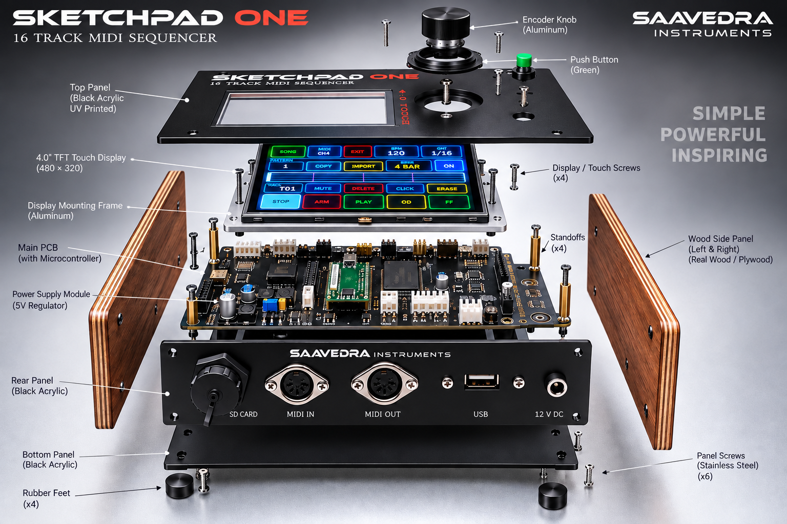 An exploded view diagram of the SKETCHPAD ONE 16 track MIDI sequencer, showing its individual components labeled, including top and rear panels, main PCB, display, and side panels with wood and black acrylic finishes.