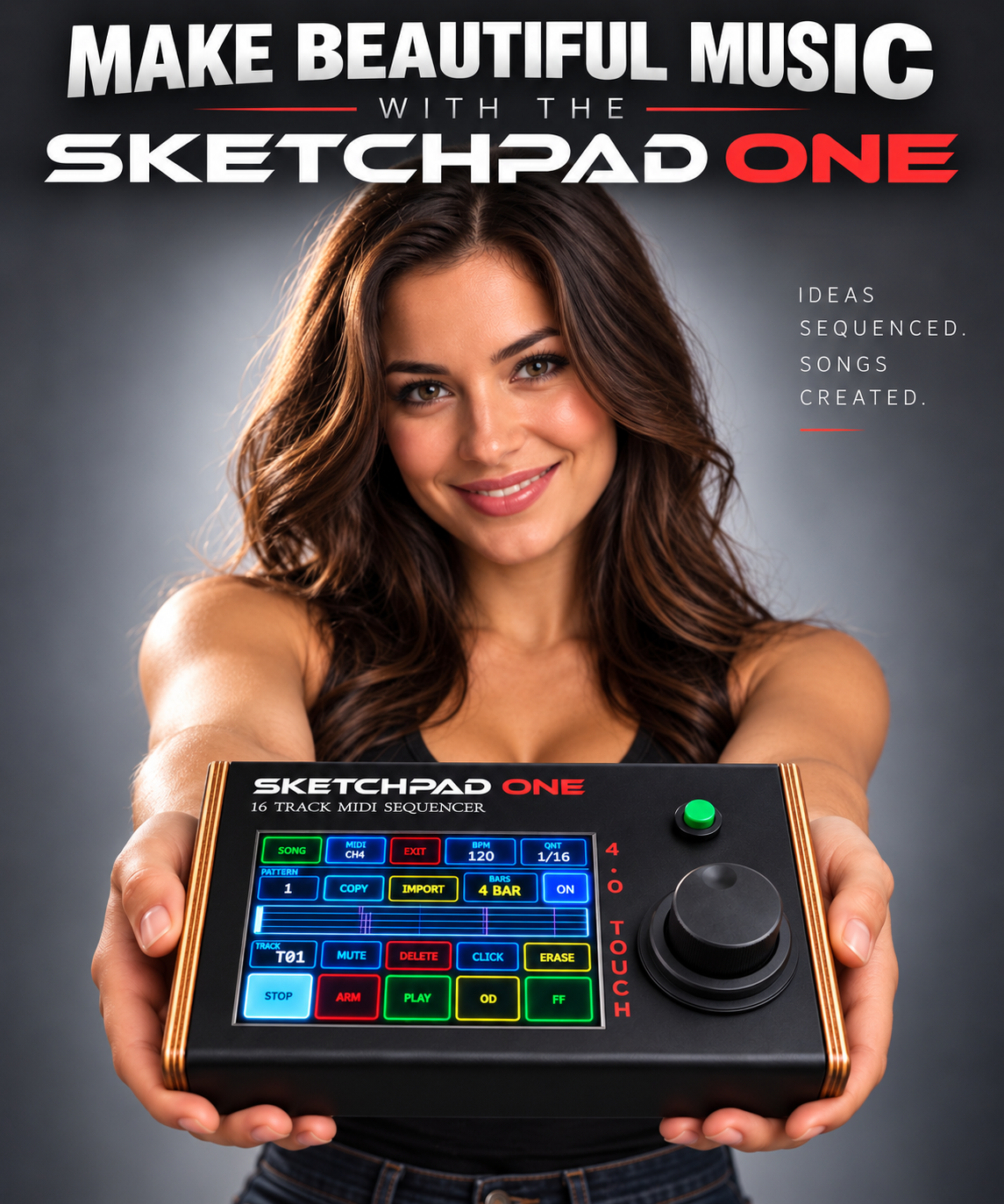 A smiling woman holding a Sketchpad One MIDI sequencer with a digital touchscreen interface displaying various controls and options.