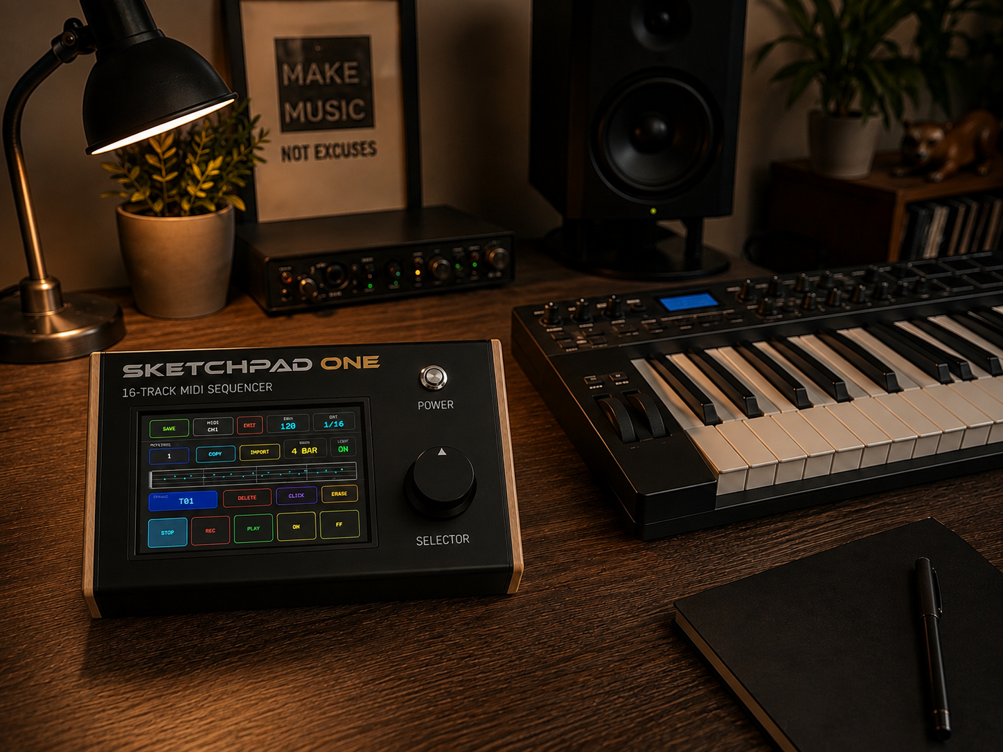 Music production studio with a SKETCHPAD ONE midi sequencer, a computer keyboard, a laptop with a pen, a black speaker, a small potted plant, a desk lamp, and framed artwork with the quote 'MAKE MUSIC NOT EXCUSES'.