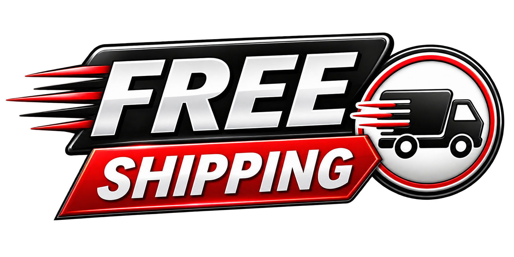 A graphic with the words "FREE SHIPPING" in bold, with a logo of a delivery truck with red motion lines, indicating fast delivery.