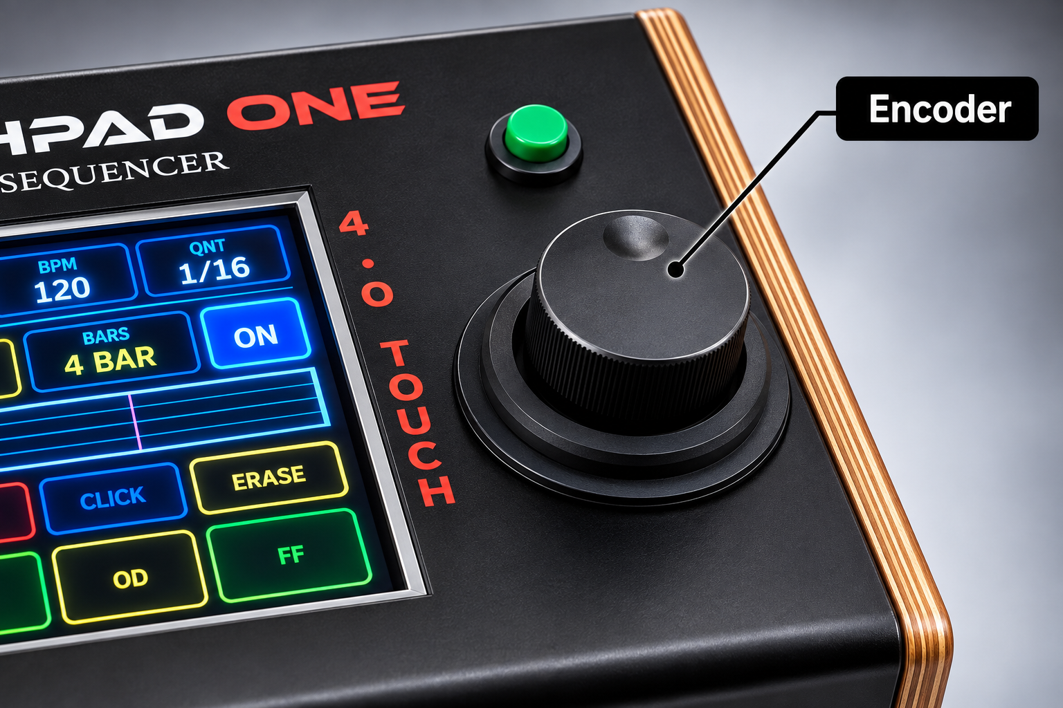 Close-up of an electronic music sequencer device with a black and wood finish, featuring a colorful touchscreen display, a green knob labeled 'Encoder', and red text 'HEAD ONE' and 'FOCUS' on the control panel.