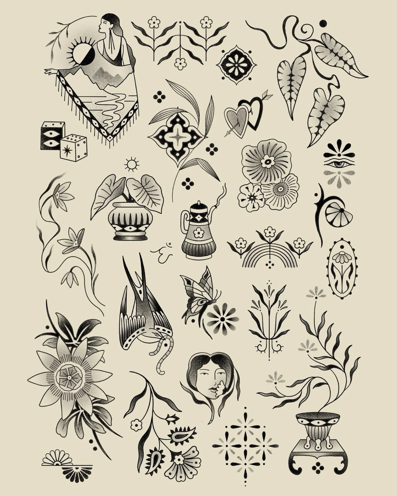 My flash for this Saturday&rsquo;s @goodkarma.tattoo flash day! ✨

I&rsquo;ve had so much fun putting this sheet together, and I can&rsquo;t wait to tattoo these pieces.

Prices range from $180 - $450, with each design individually marked in the shop