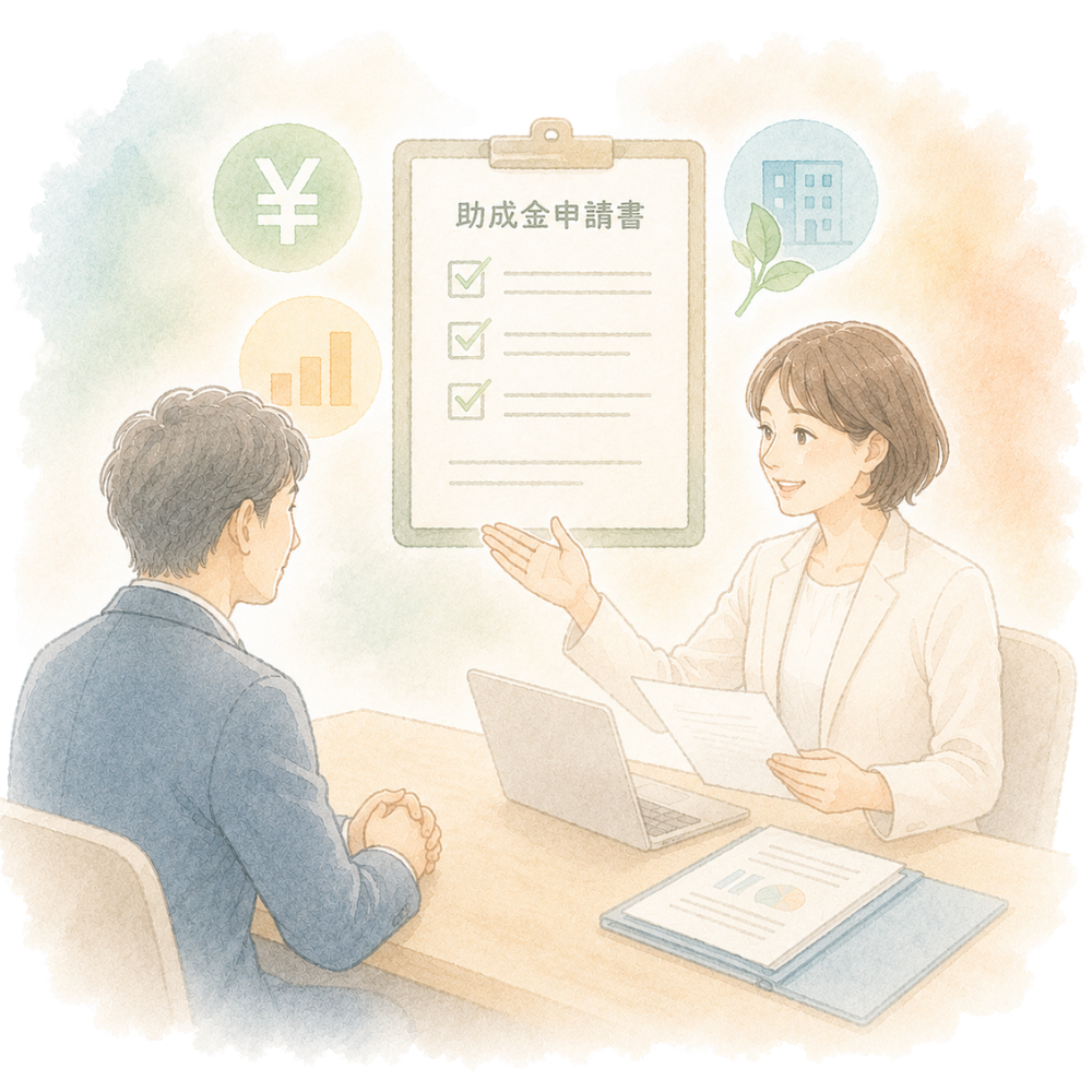 就職活動の面接を受ける男性と女性の様子。女性は支援申請書について説明している。