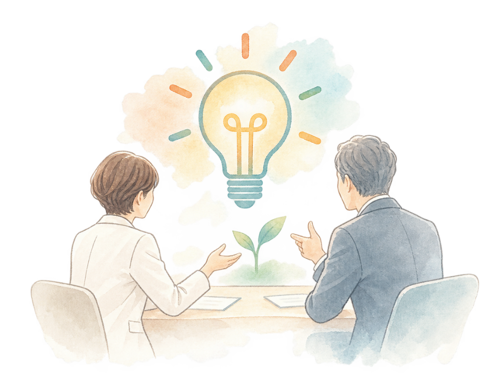 会議でアイデアを共有する男性と女性と、明るい電球と植物のイラスト