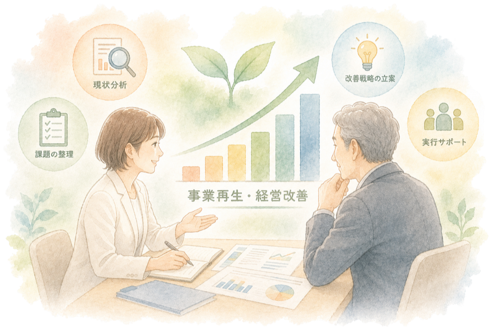 ビジネスマンとビジネスウーマンが会議しているイラスト。グラフやアイコンが背景にあり、事業再生と経営改善をテーマにしている。