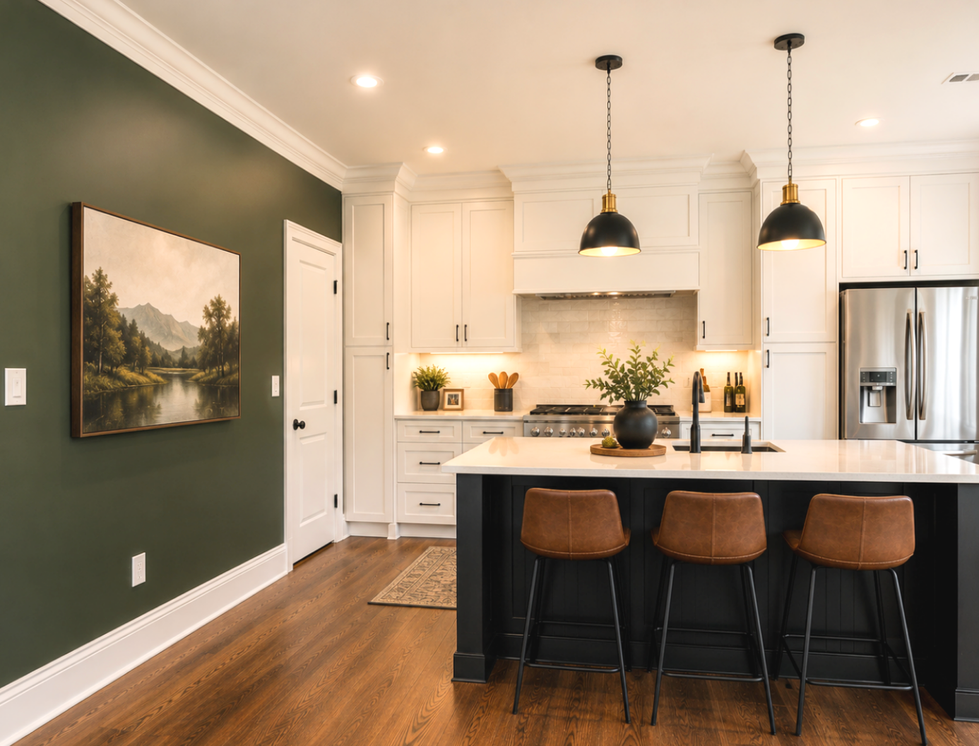 Modern kitchen with fresh interior painting, white cabinets, and a painted black island.