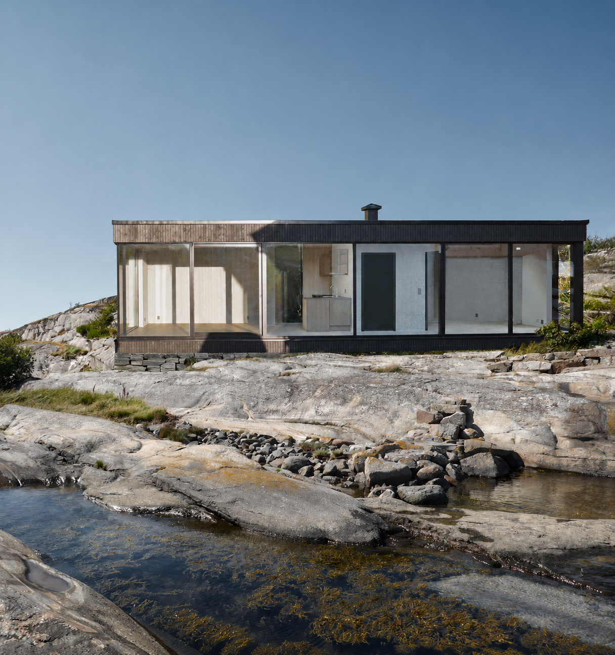 Modern house with large glass windows situated on rocky terrain by the water under a clear blue sky.