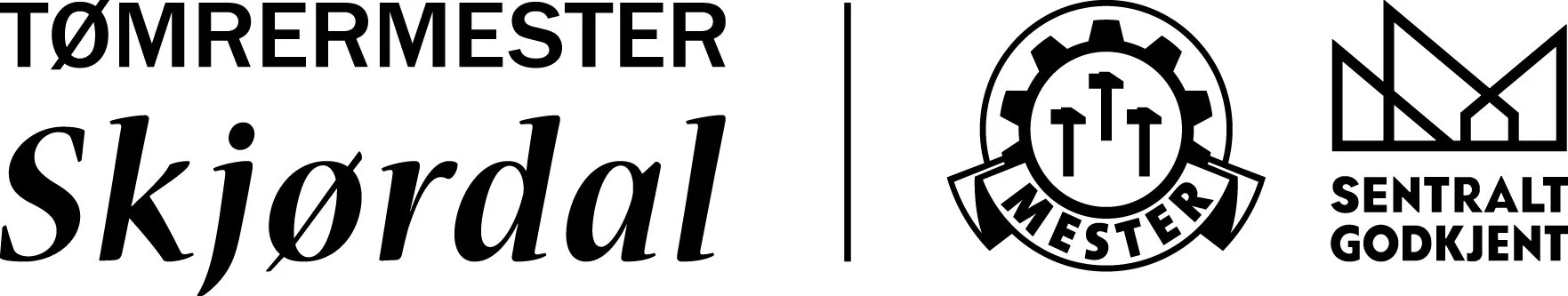 Black text and logos on a white background, including the words "TØMRERMESTER Skjørdal" and two certification logos, one with a gear and arrows, the other with geometric lines and the text "SENTRALT GODKJENT".