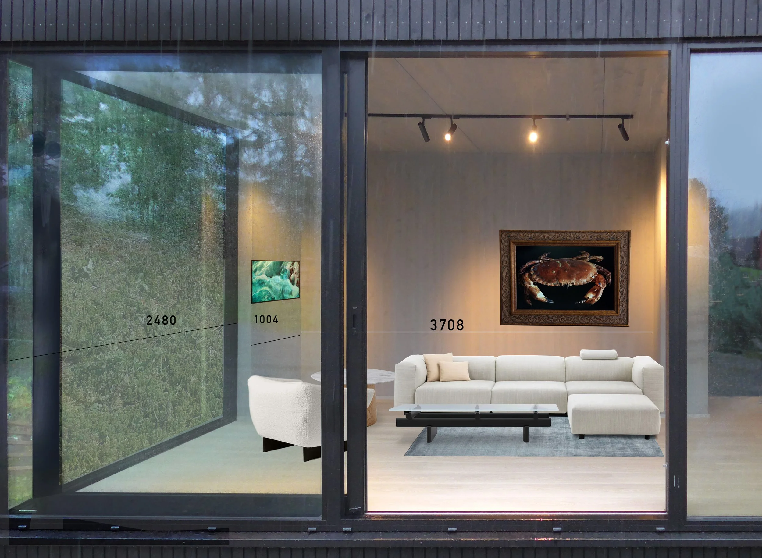 View through glass window showing a modern living room with white sofa, dark coffee table, framed art piece of a crab, and track lighting, with trees visible outside.