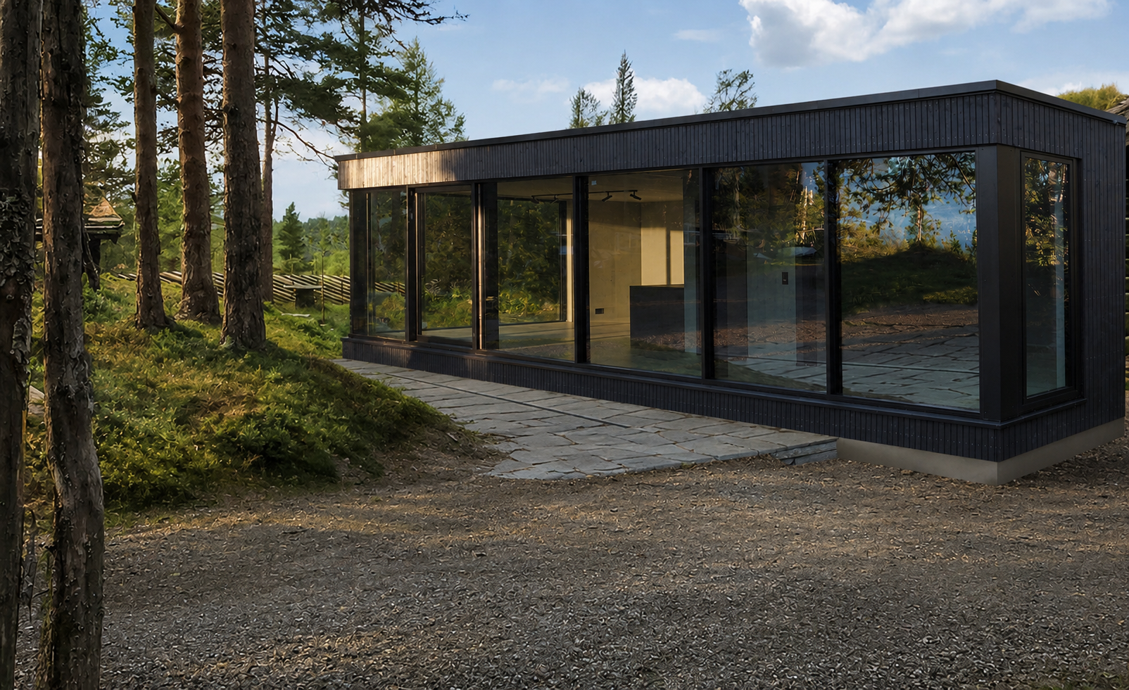 Modern black house with large glass windows situated on a wooded property, with a stone pathway outside and tall trees nearby.