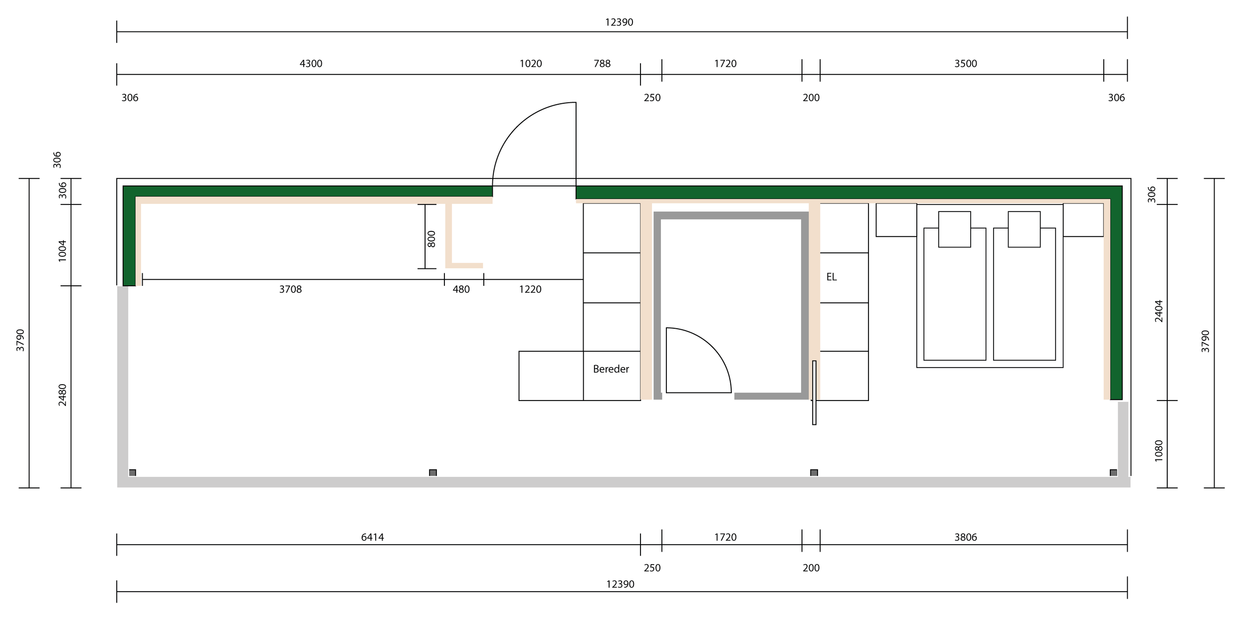 Architectural floor plan with measurements and labeled areas, including a doorway, furniture, and structured rooms.