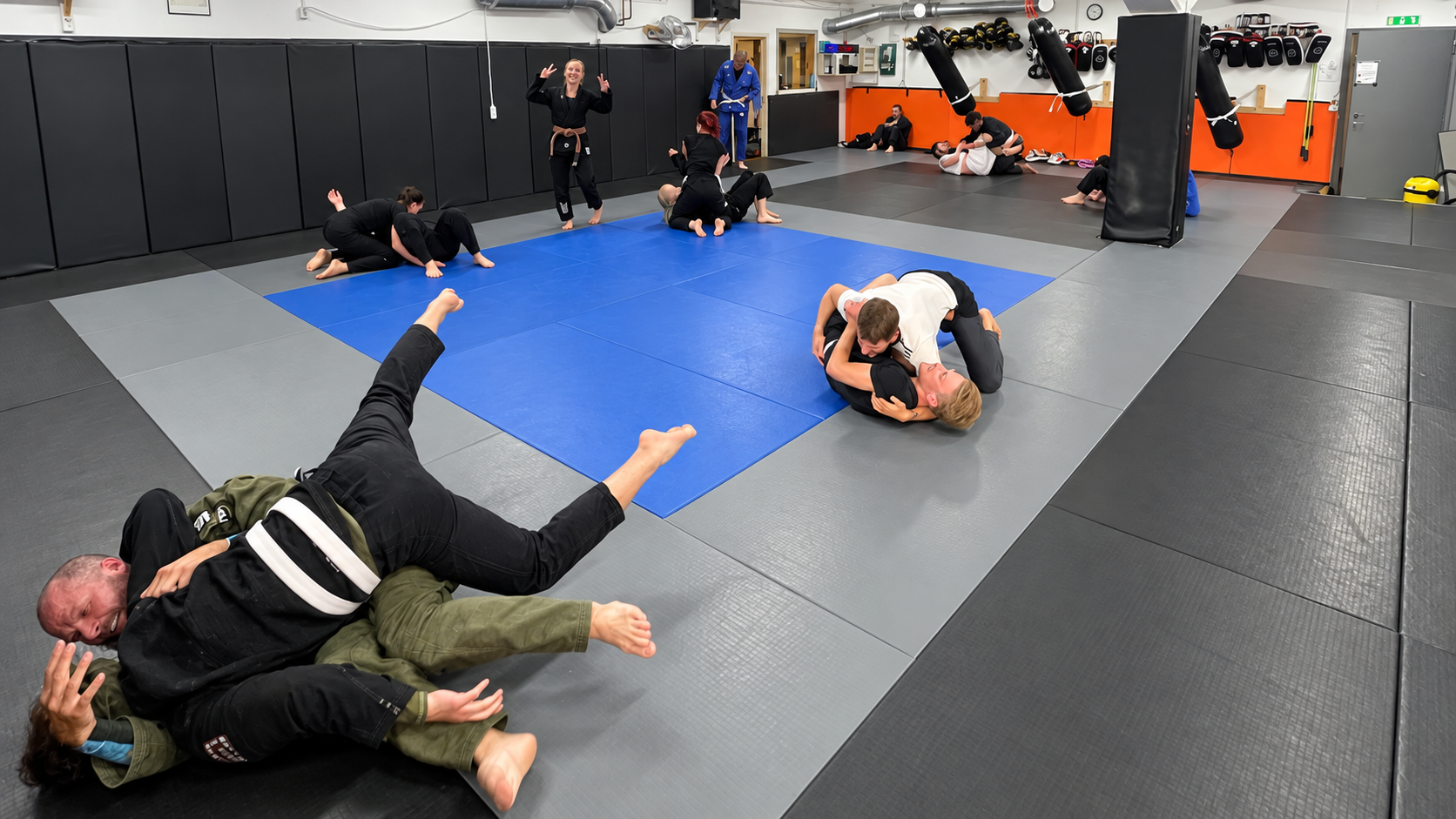 Personer som tränar brasiliansk jiu-jitsu på matta i en träningshall, med några som håller på att slåss och andra som coachar eller observerar.