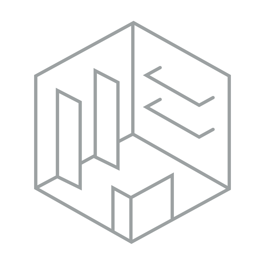 3D outline of a small house with multiple rooms and walls, depicted in minimalistic line art on a black background.