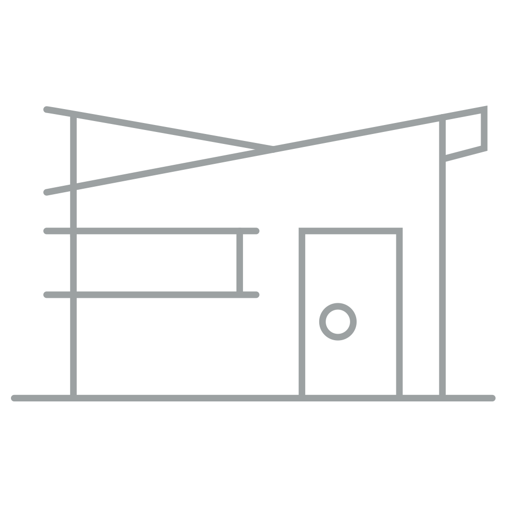 Line drawing of a modern house with a flat roof, a door with a round window, and two rectangular windows.