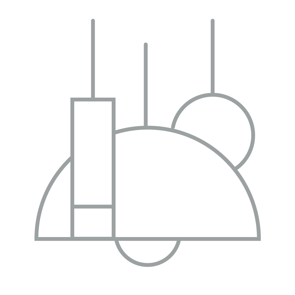 Line art illustration of abstract geometric shapes, including a semi-circle, rectangles, and a circle, arranged in a modern design.