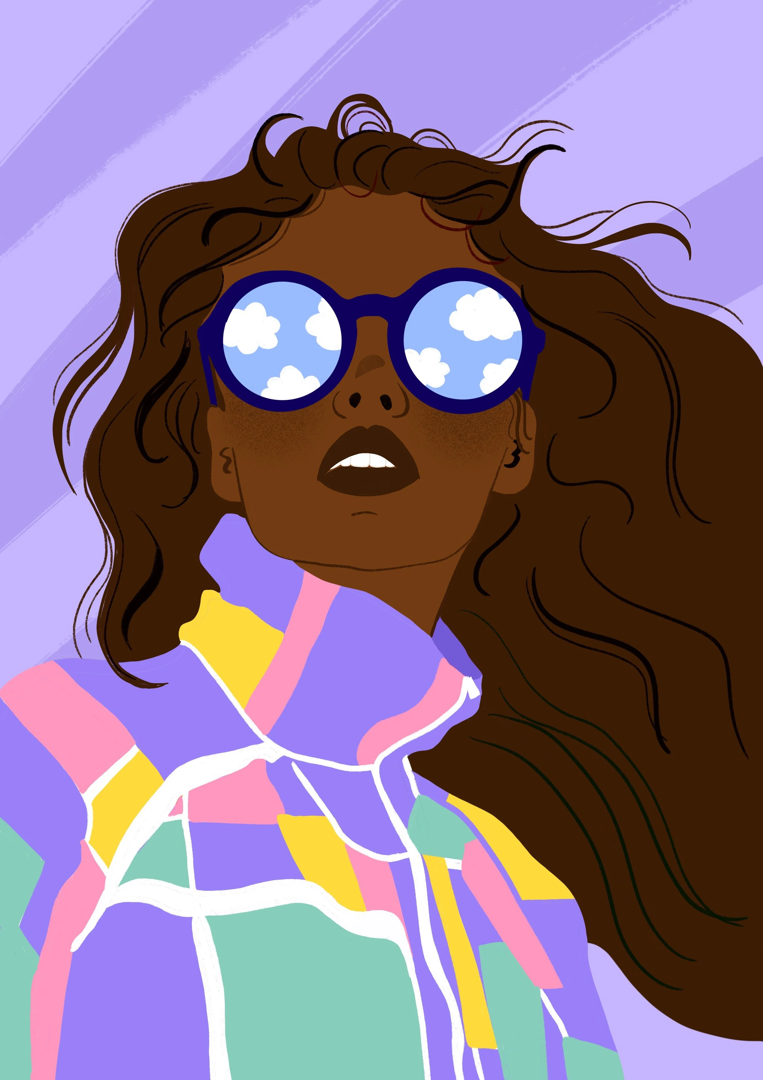 Une illustration numérique d'une femme portant des lunettes de soleil rondes avec des reflets de ciel et de nuages, et une robe colorée à motifs géométriques.