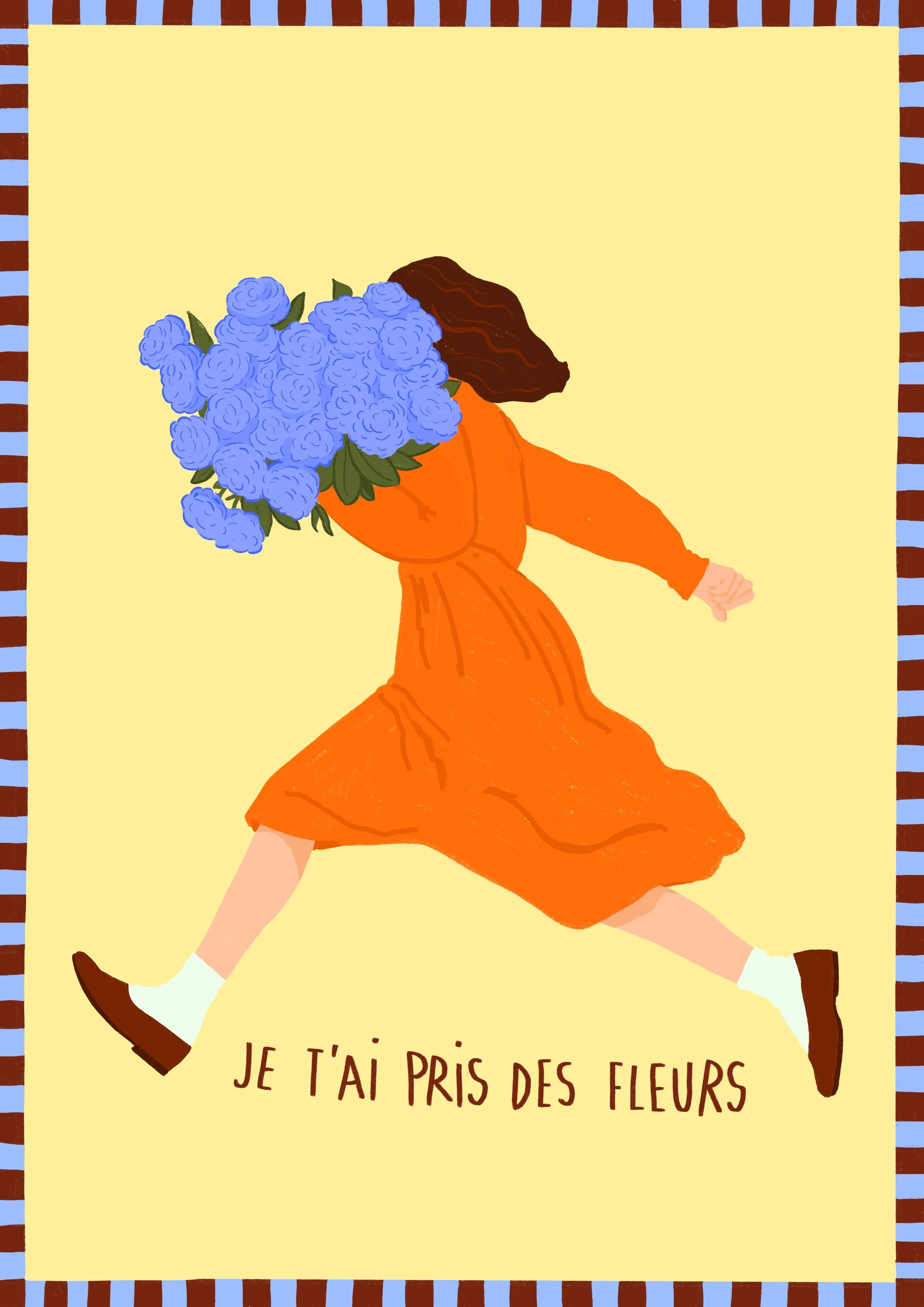 Une illustration colorée d'une jeune fille portant une robe orange, avec une tête composée de fleurs bleues et d'une chevelure brune. Le fond est jaune et entouré d'une bordure à rayures marron et bleues. En bas, il y a une inscription en français : « Je t'ai pris des fleurs ».