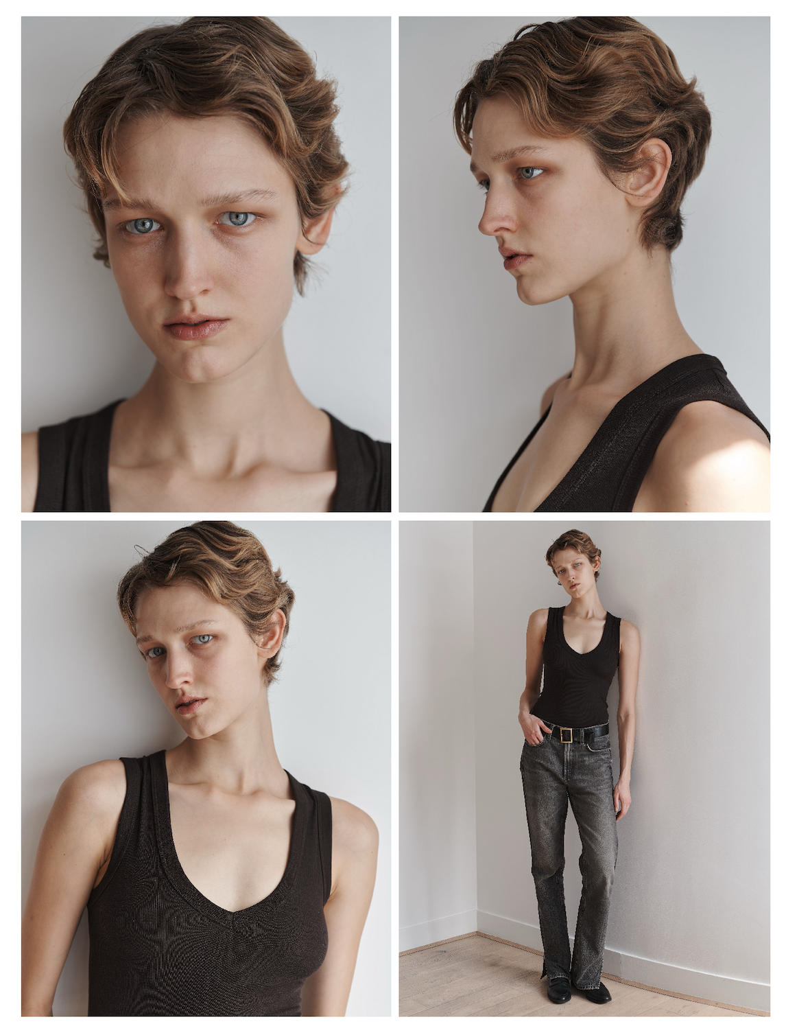 Series of four photos of a young woman with short, wavy light brown hair and blue eyes, wearing a black tank top and gray jeans. The photos include a front portrait, profile shot, a slightly angled portrait, and a full-body shot leaning against a plain white wall.