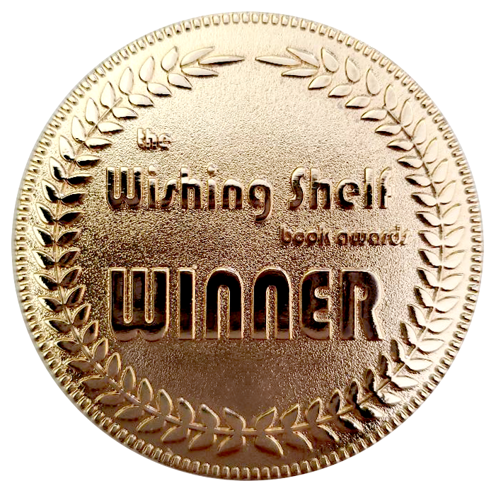 A gold-colored medal with the words 'The Wishing Shelf Book Award Winner' engraved in the center, surrounded by a laurel wreath design.