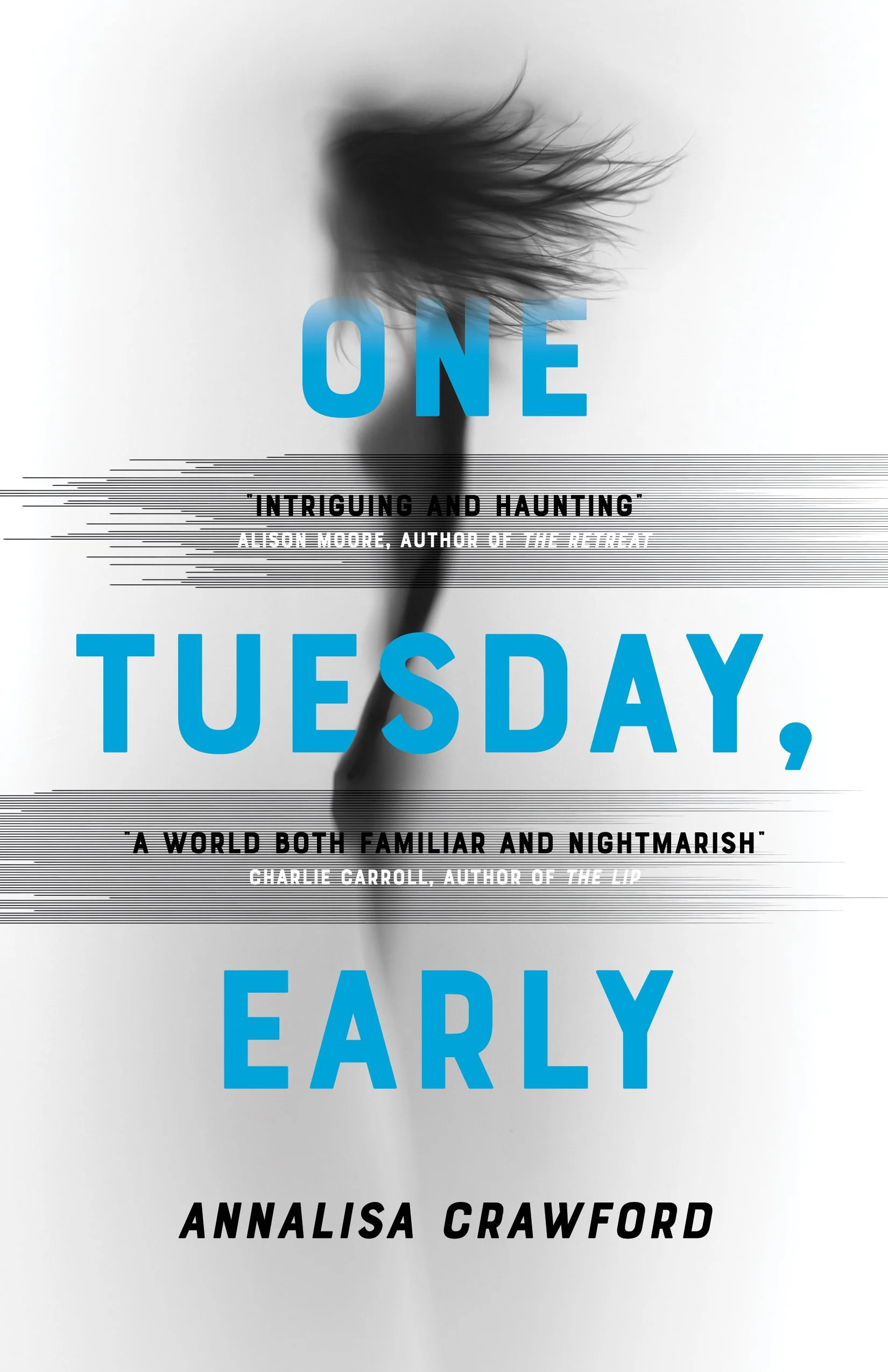 Book cover titled "Before the Early: Intriguing and Haunting" by Annalisa Crawford, with a blurred black feather or hair silhouette against a white background, featuring black and blue text and horizontal line accents.