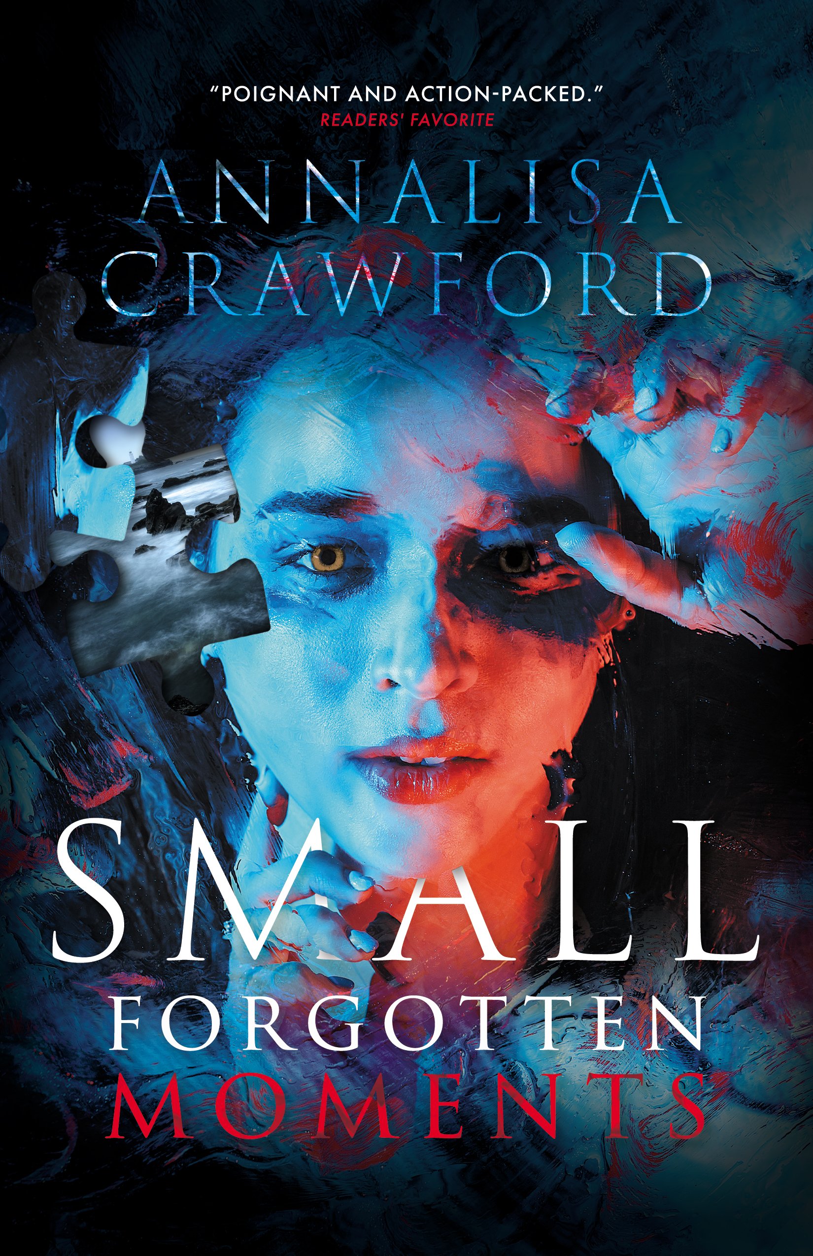 Book cover for 'Small Moments' by Annalisa Crawford, featuring abstract art with a woman's face and eye, dark blue, red, and black colors, with quotes praising the book.
