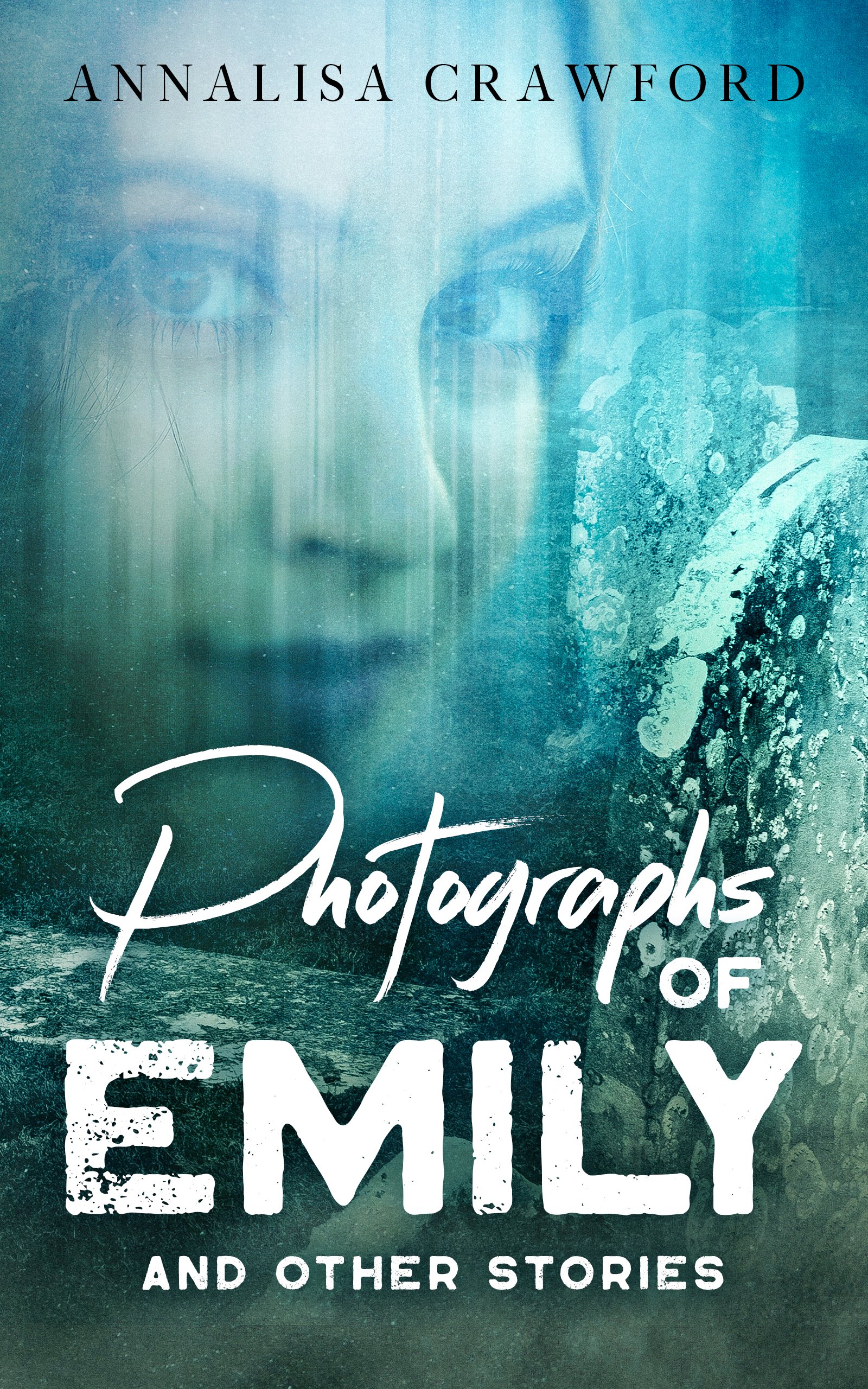 Book cover titled "Photographs of Emily and Other Stories" with a blue-tinted portrait of a woman with closed eyes and a textured background.