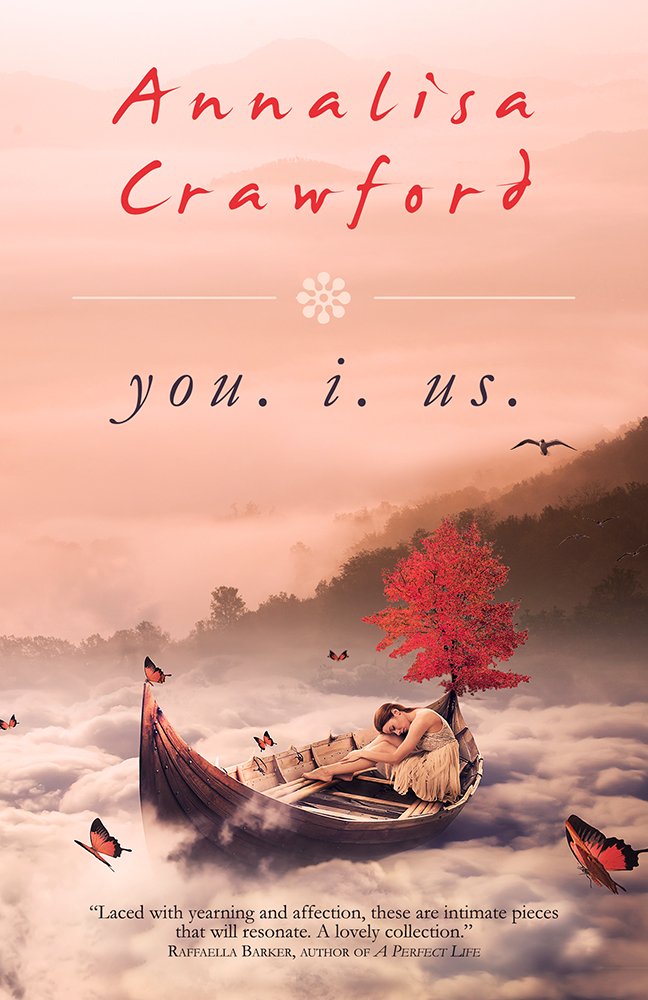 A dreamy fantasy scene with a woman in a dress laying on a boat on clouds, a red tree, a mountain and a flying bird, with butterflies surrounding and soft pink and peach sky background.