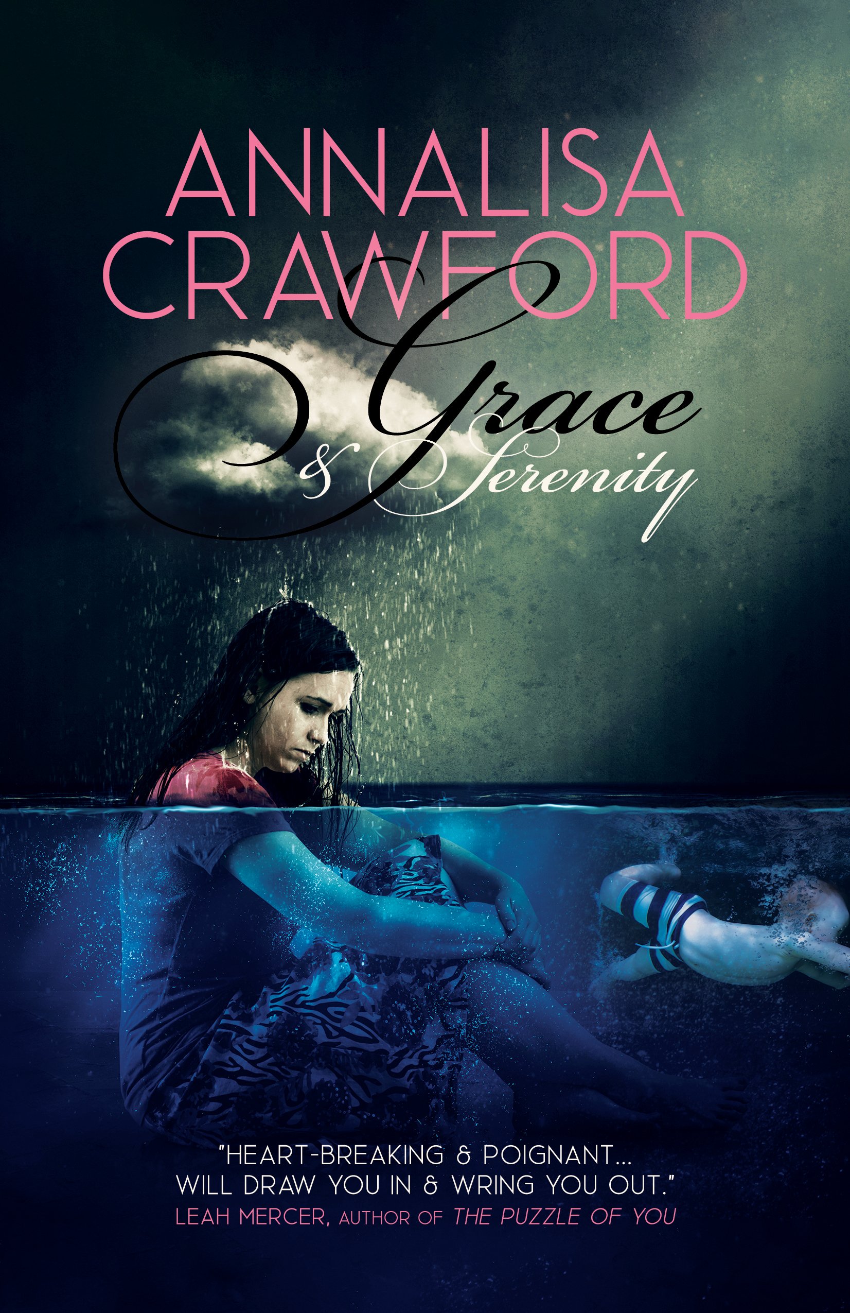 Book cover featuring a woman in water with rain falling, dark sky, and clouds. The title reads 'Heartbreaking & Poignant... Will Draw You In & Wring You Out.' Leah Mercer, author of 'The Puzzle of You' is credited.