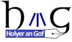 Logo with letter 'b' and 'c', featuring a stylized symbol in between, and the text 'Holyer an Gof' in a blue box below.