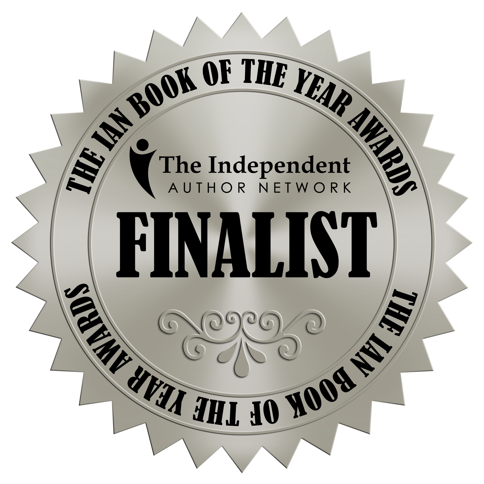 A silver, star-shaped award badge with the text 'The Book of the Year Award' and 'Finalist' written on it.